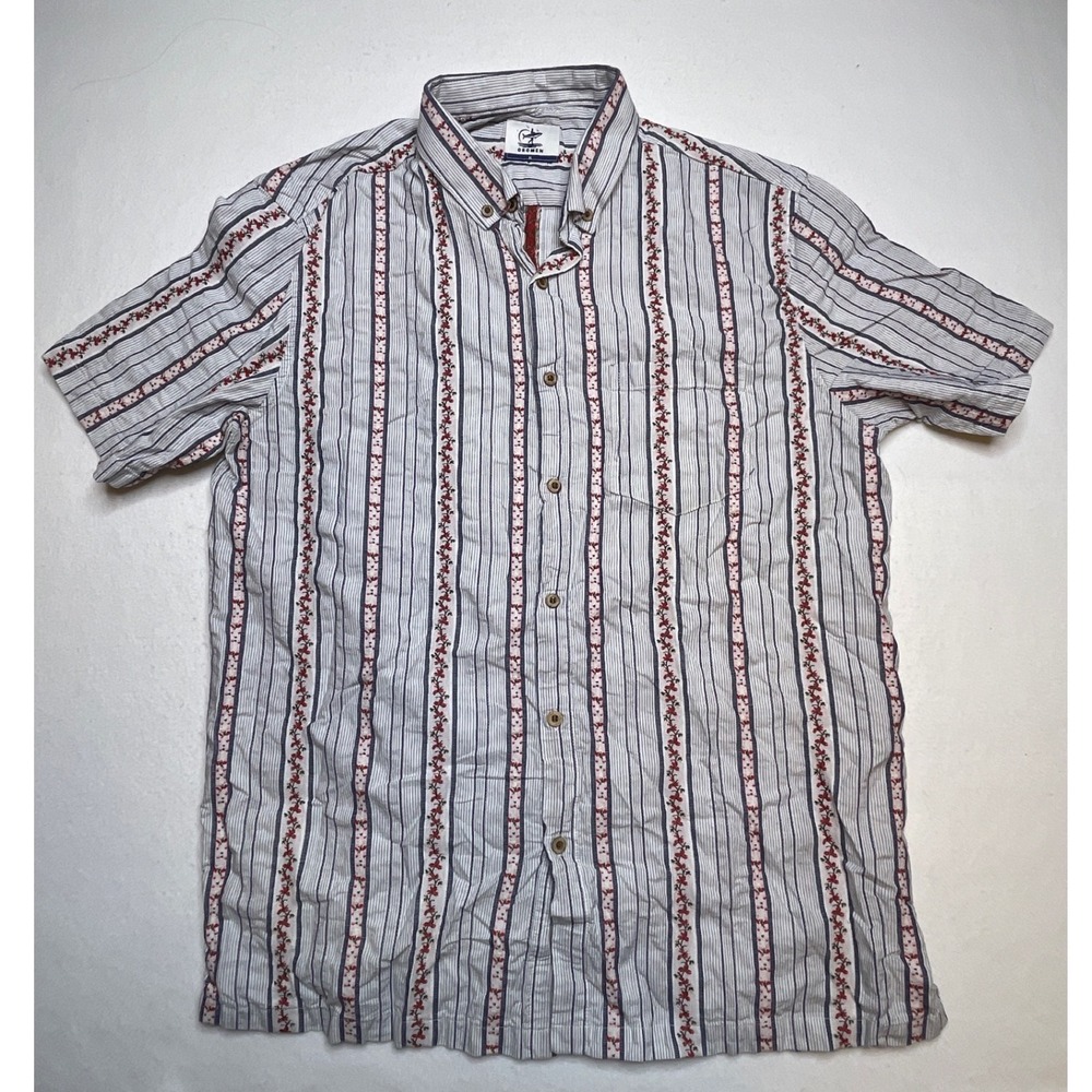 OROMEN Mens Shirt Short Sleeve Floral Stripe Button Down XL Blue Red White